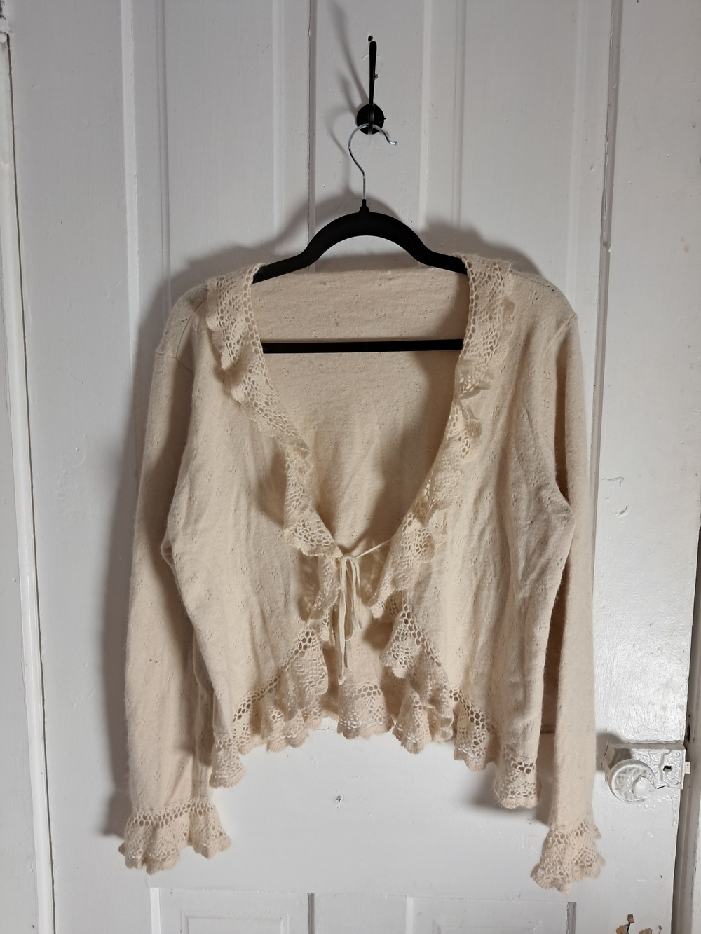 Women's Cream Crochet-Trim Tie-Front Sweater Cardigan